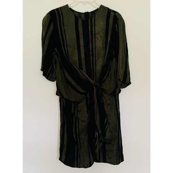 Zara Tie Knot Jacquard Satin Green Black Mini Wrap Striped Retro Dress Sz Large - Picture 4 of 13